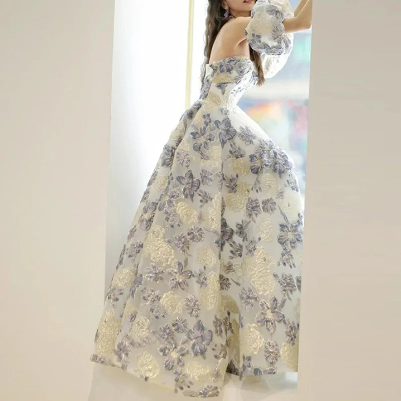 One Shoulder Flower Prinrted Stain Wedding Party Dresses Puff Sleeve Suqare Collar Slim Fit Prom Vestidos Elegant Evening Dress Tunics Satin smooth One Shoulder Flower Prinrted Stain Wedding Party Dresses Puff Sleeve Suqare Collar Slim Fit Prom Vestidos Elegant Evening Dress Tunics Satin smooth