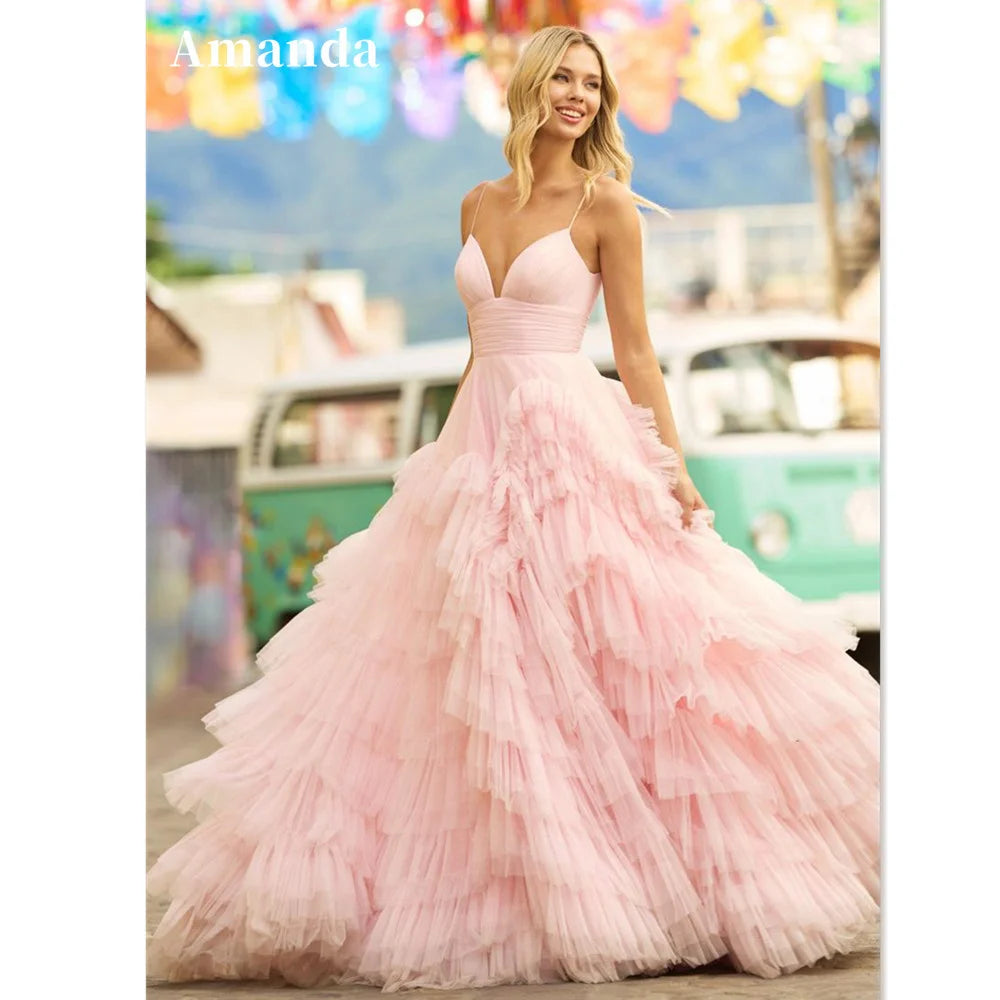 Baby Pink Multilayer Prom Dress Princess Evening Tulle Sweep Train Party Dresses Sleeveless Dress Glittery Long Formal Baby Pink Multilayer Prom Dress Princess Evening Tulle Sweep Train Party Dresses Sleeveless Dress Glittery Long Formal