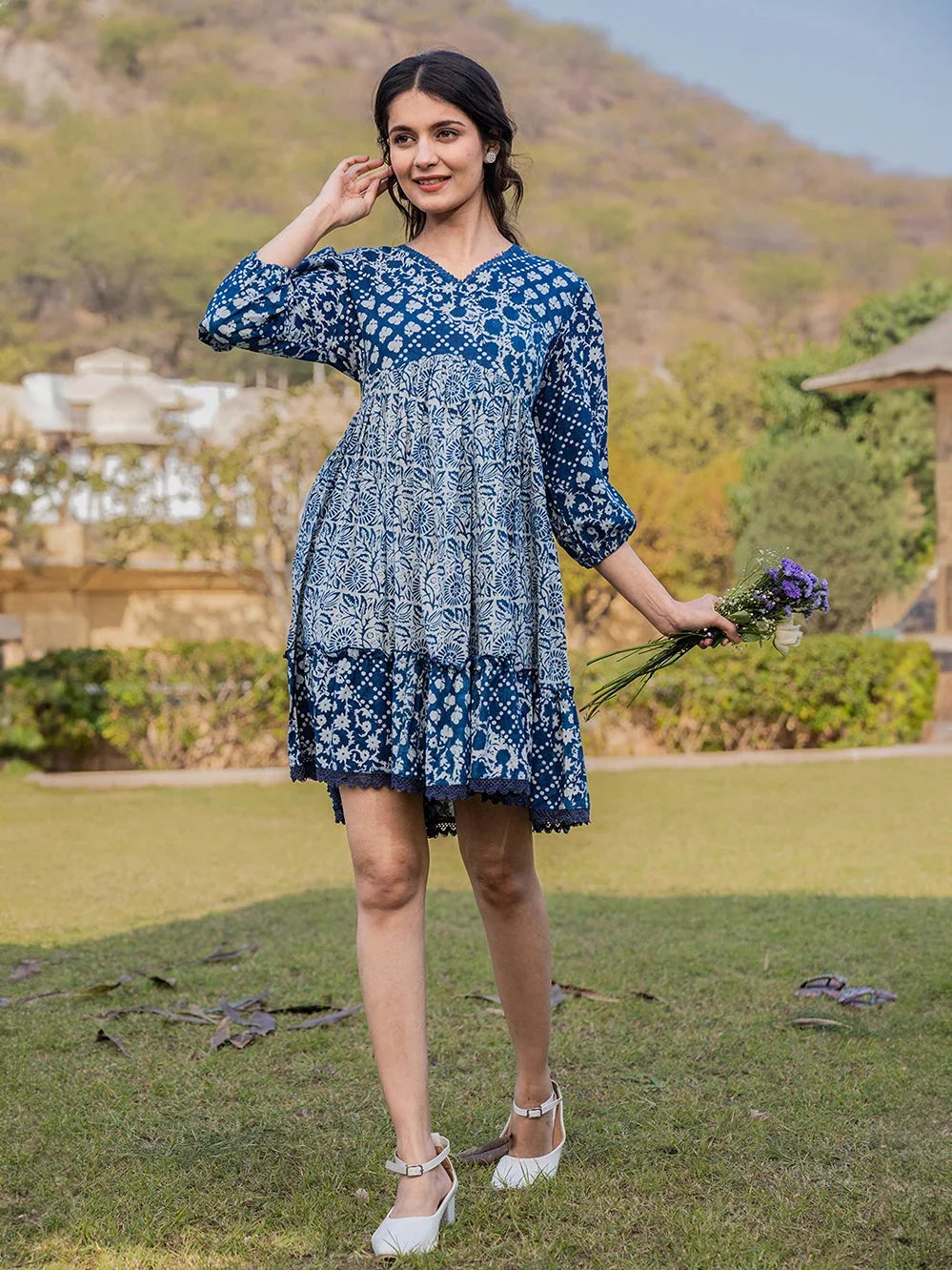 Blue Pure Cotton Printed Less Border Tassels Were Dress Tunics Solid Classic