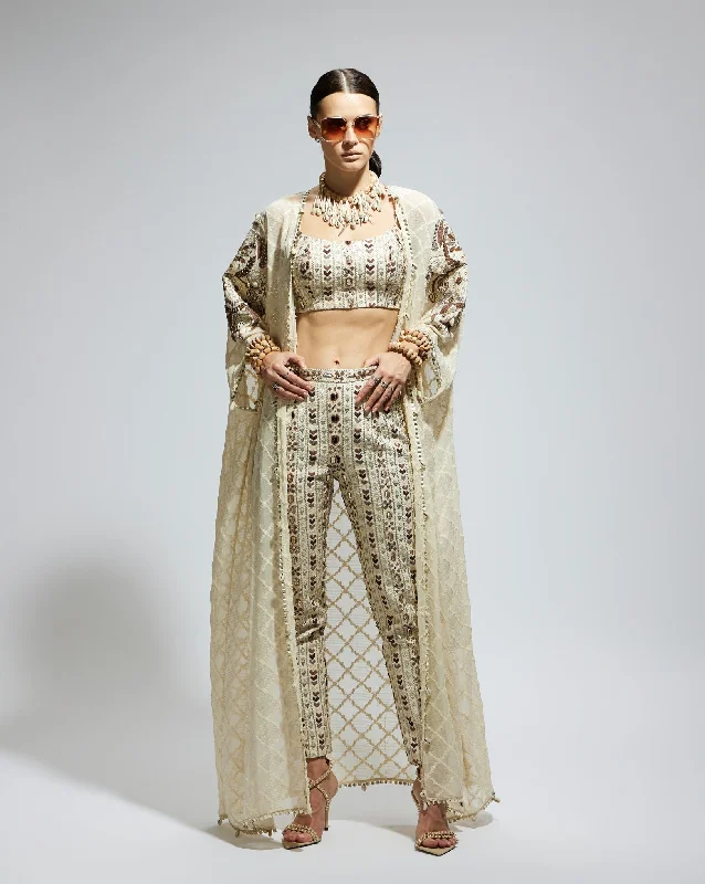 White embellished cape, bustier and pants Slim-Fit Khaki Pants
