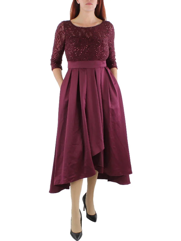 Womens Lace Sequined Evening Dress Cowl Neckline Elegant