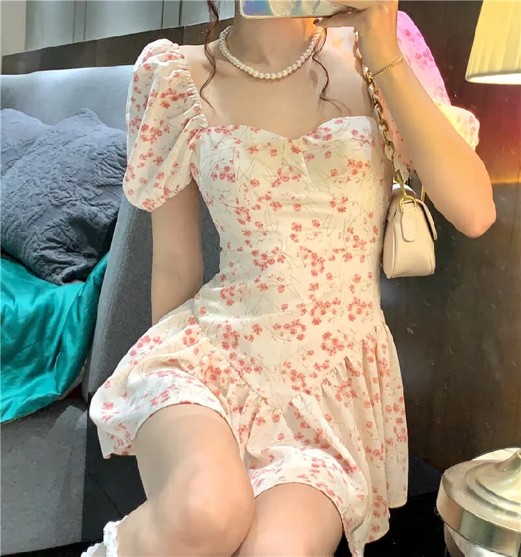 Sweet bubble sleeve floral square collar waist slim dress BY5032 Tunics Timeless classic