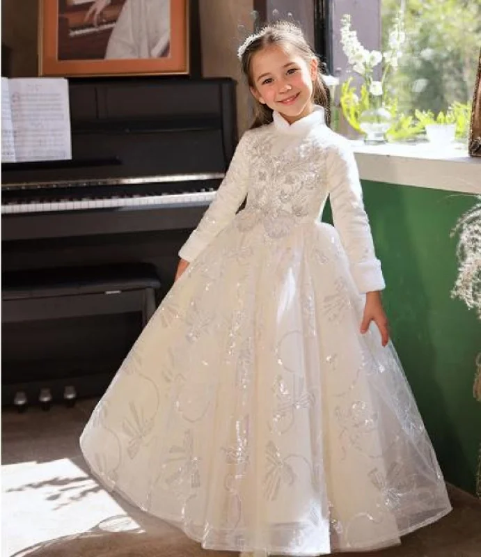High Neck Long Sleeves Winter A-Line Girl Party Dress with Rhinestone Appliques Tunics Fleece cozy High Neck Long Sleeves Winter A-Line Girl Party Dress with Rhinestone Appliques Tunics Fleece cozy