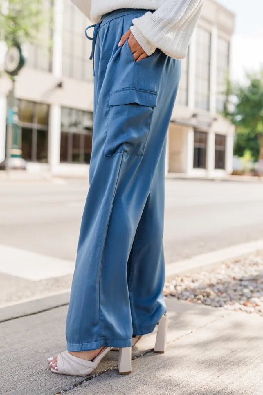 Cool Touch Blue Satin Cargo Pull On Pants FINAL SALE Stretch Fit Pants