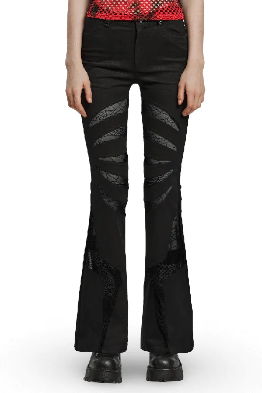 Stretch Gothic Flared Pants with Spiderweb Black Mesh Slim-Fit Leggings