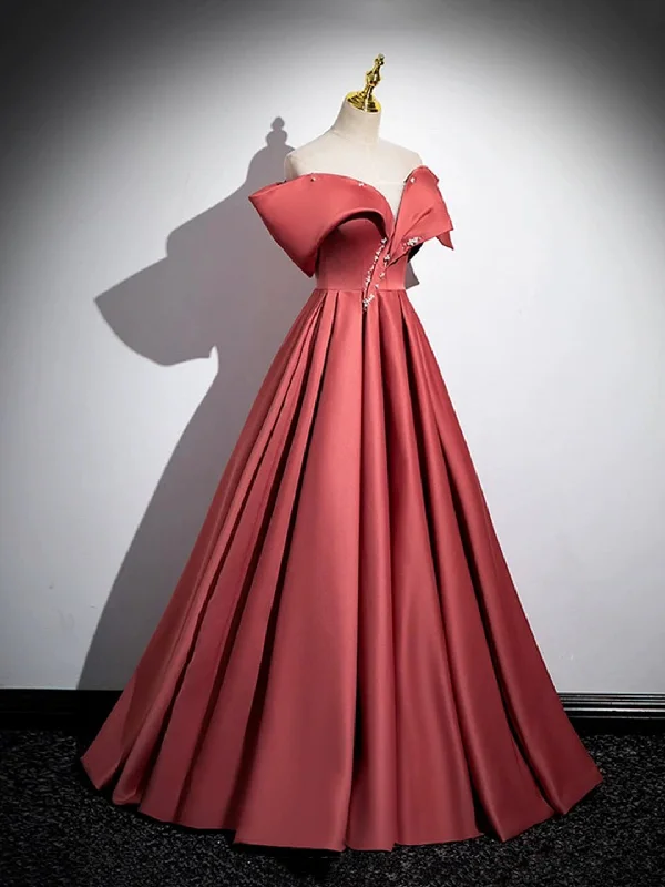 Beautiful Satin Off Shoulder Long Party Dress, A-Line Pearl Floor Length Prom Dress Crew Neckline Casual Beautiful Satin Off Shoulder Long Party Dress, A-Line Pearl Floor Length Prom Dress Crew Neckline Casual