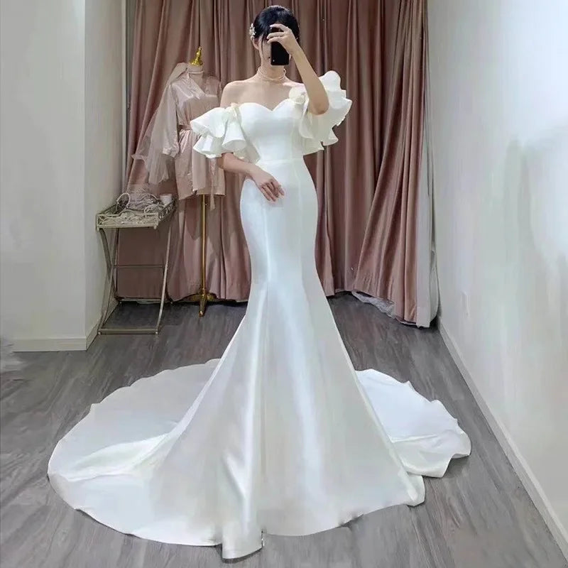 Elegant Waisted Fishtail One-shoulder Evening Dresses Temperament Slim Waist Wedding Party Dress Ruffles Sleeve Design Prom Robe Tunics Fashionable trendy Elegant Waisted Fishtail One-shoulder Evening Dresses Temperament Slim Waist Wedding Party Dress Ruffles Sleeve Design Prom Robe Tunics Fashionable trendy