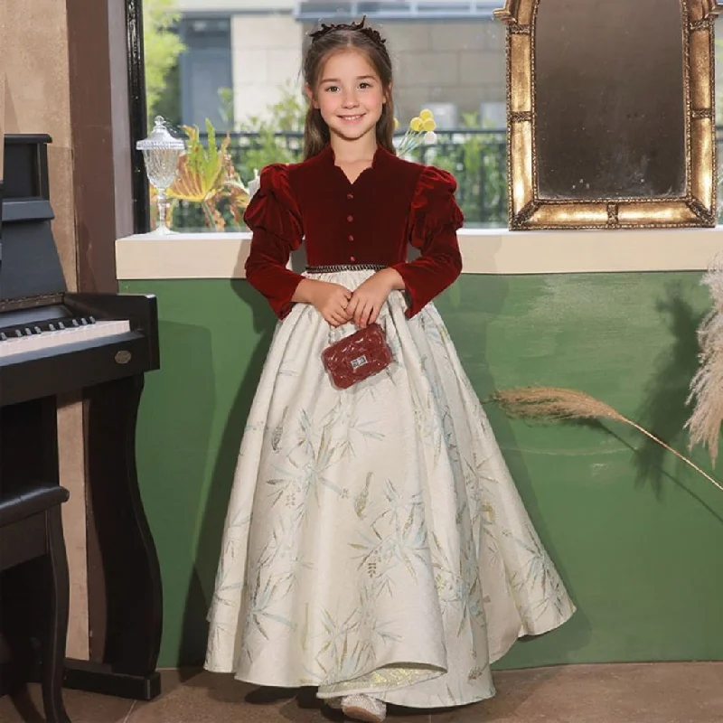 Long Sleeves A-Line Embroidery Girl Party Dress with Covered Button Tunics Long Elegant Long Sleeves A-Line Embroidery Girl Party Dress with Covered Button Tunics Long Elegant