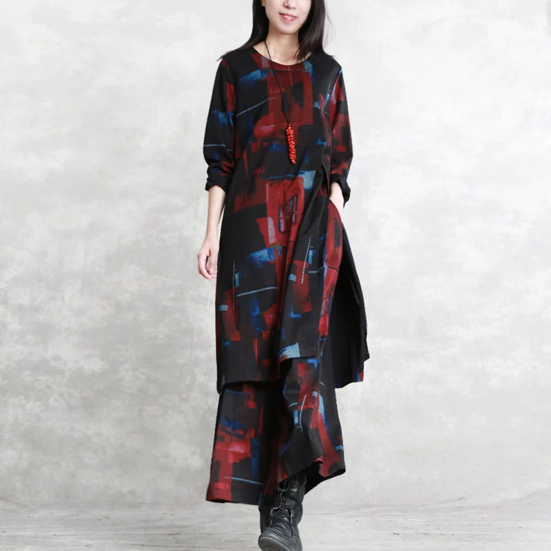 women black red print pure cotton blended two picese plus size New long sleeve asymmetrical design o neck and baggy pants Stylish Elastic Waist Pants women black red print pure cotton blended two picese plus size New long sleeve asymmetrical design o neck and baggy pants Stylish Elastic Waist Pants