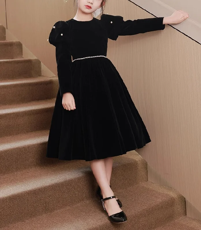 Tea-Length Round Neck Long Sleeves Black Girl Party Dress with Beading Sash Tunics Versatile stylish Tea-Length Round Neck Long Sleeves Black Girl Party Dress with Beading Sash Tunics Versatile stylish