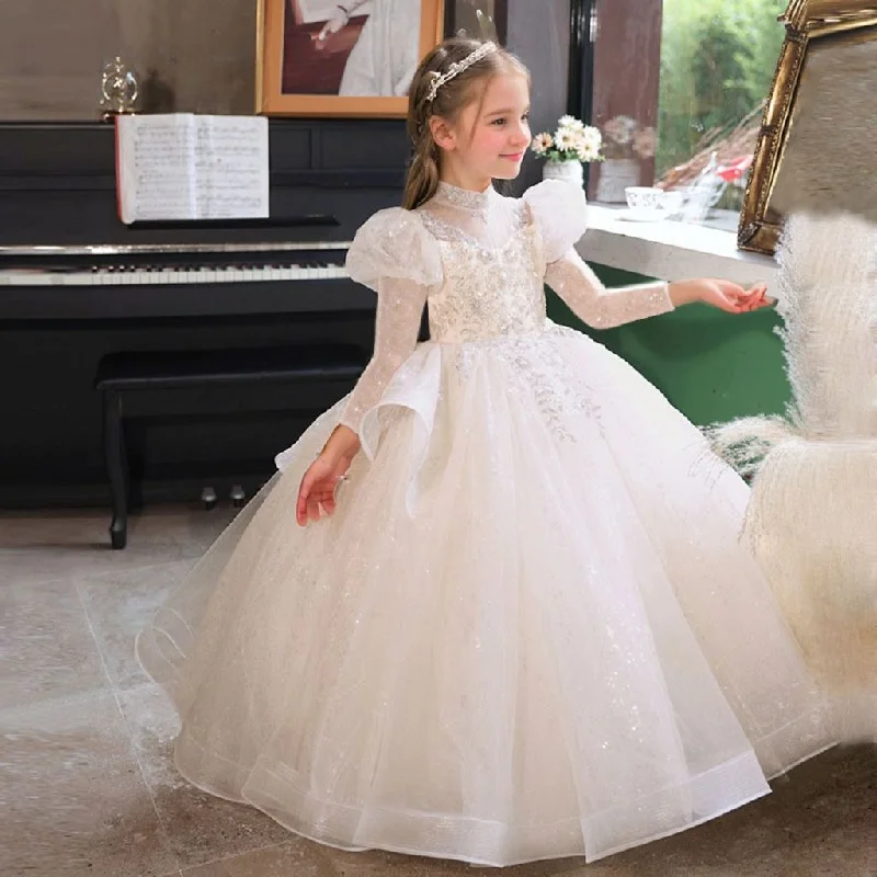 Long Sleeves High Neck Ball Gown Flower Girl Party Dress with Rhinestone Appliques Tunics Evening elegant Long Sleeves High Neck Ball Gown Flower Girl Party Dress with Rhinestone Appliques Tunics Evening elegant