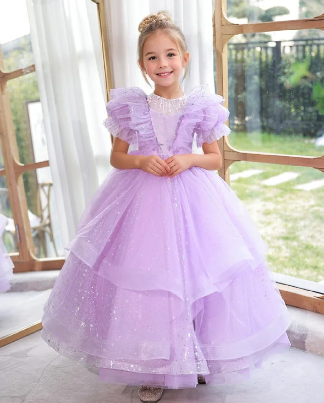Ruffled Short Sleeves Floor Length Layered Girl Party Dresses with Beading Round Neck High-Low Hemline Casual Ruffled Short Sleeves Floor Length Layered Girl Party Dresses with Beading Round Neck High-Low Hemline Casual