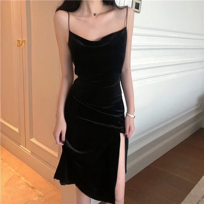 Vintage Women Dress Spaghetti Strap Slit Velvet Black Dress Sexy Bodycon Bandage Dress Midi Party Dress Verano Vestidos Peplum Ruffle Cocktail Vintage Women Dress Spaghetti Strap Slit Velvet Black Dress Sexy Bodycon Bandage Dress Midi Party Dress Verano Vestidos Peplum Ruffle Cocktail
