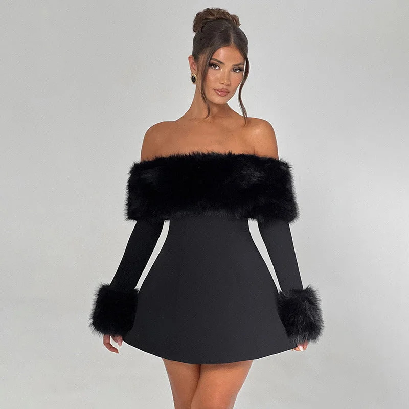 Women's Sexy Fur Collar off Shoulder A line Dress Tunics Travel practical