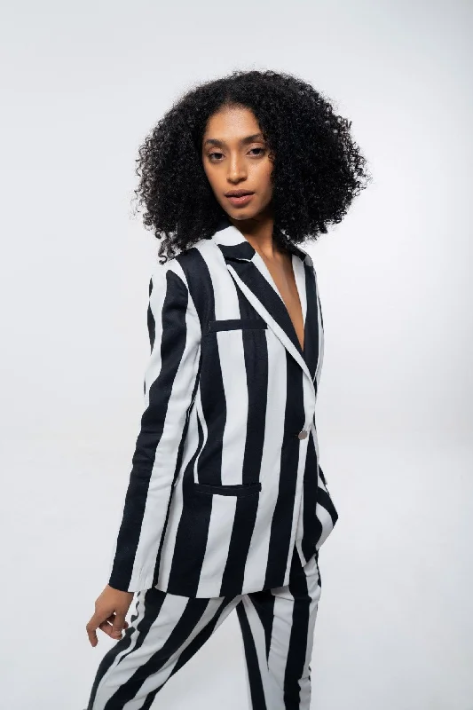 WHITE AND BLACK STRIPE BLAZER AND PANT CO-ORD SET Slim Fit Casual Pants