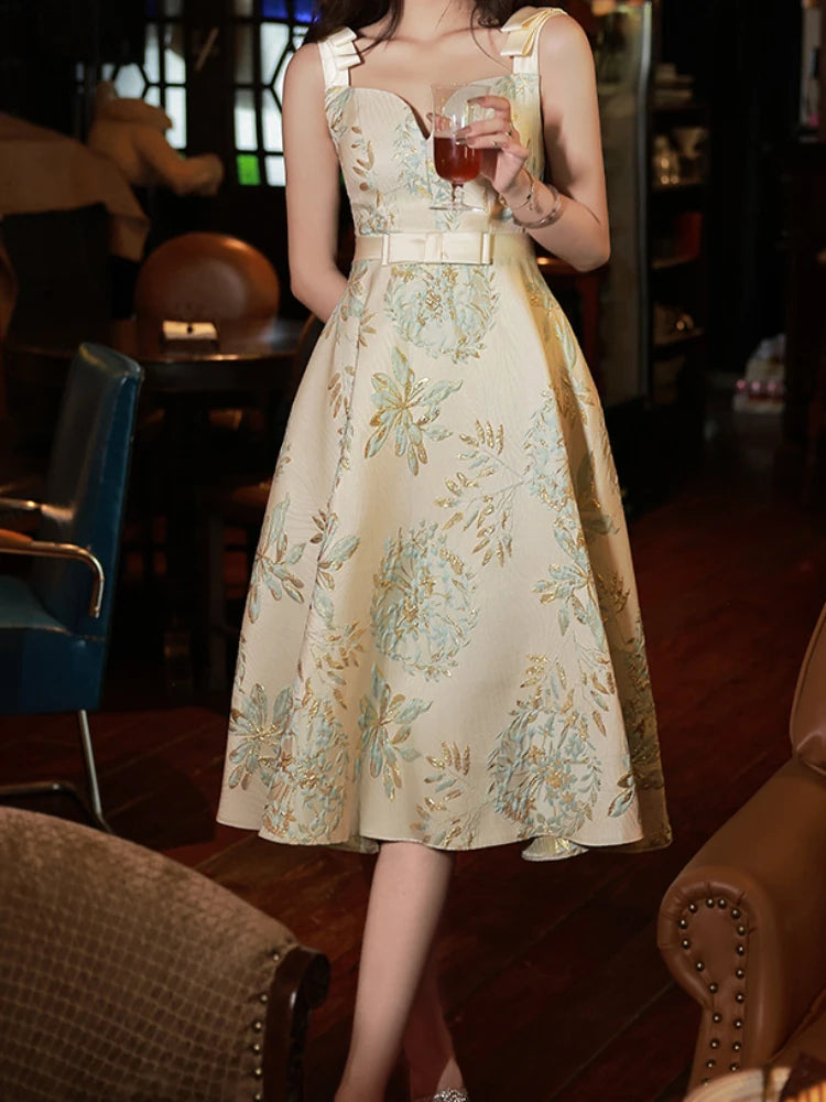 French Style Temperament Party Dresses Flower Slim Fit A-line Sling Bow Design Women Birthday Gowns Draped Elegant Evening Dress Tunics Favorite customer French Style Temperament Party Dresses Flower Slim Fit A-line Sling Bow Design Women Birthday Gowns Draped Elegant Evening Dress Tunics Favorite customer