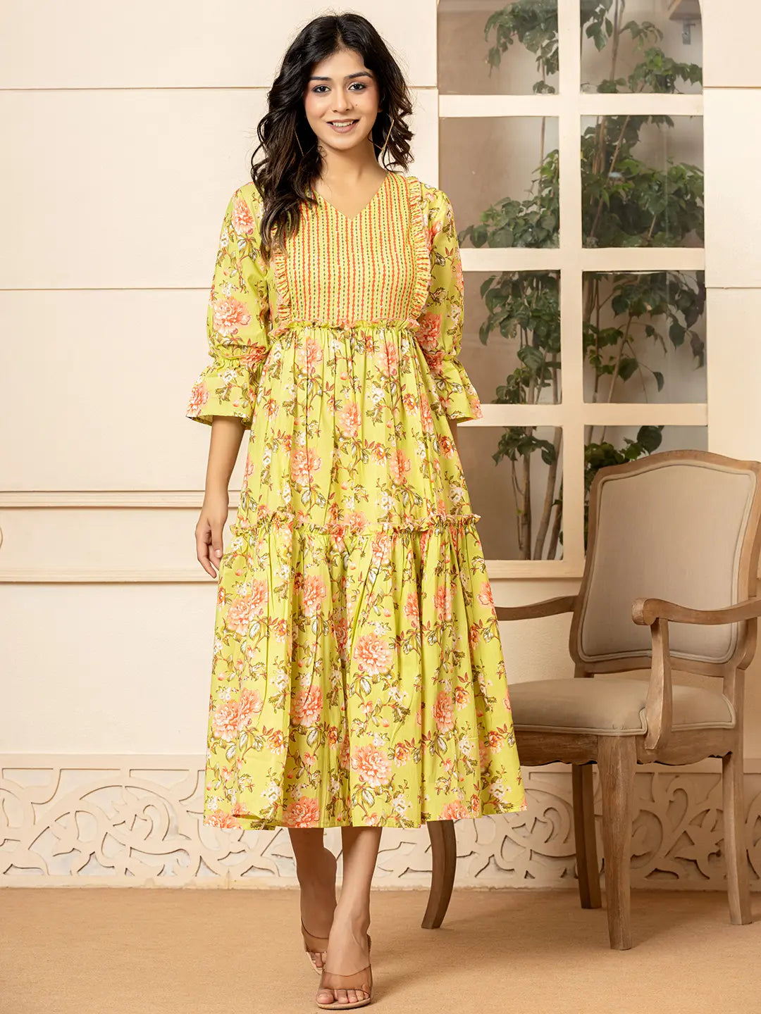 Green Cotton Floral Print Tiered Dress With Ruffles Tunics Essential wardrobe