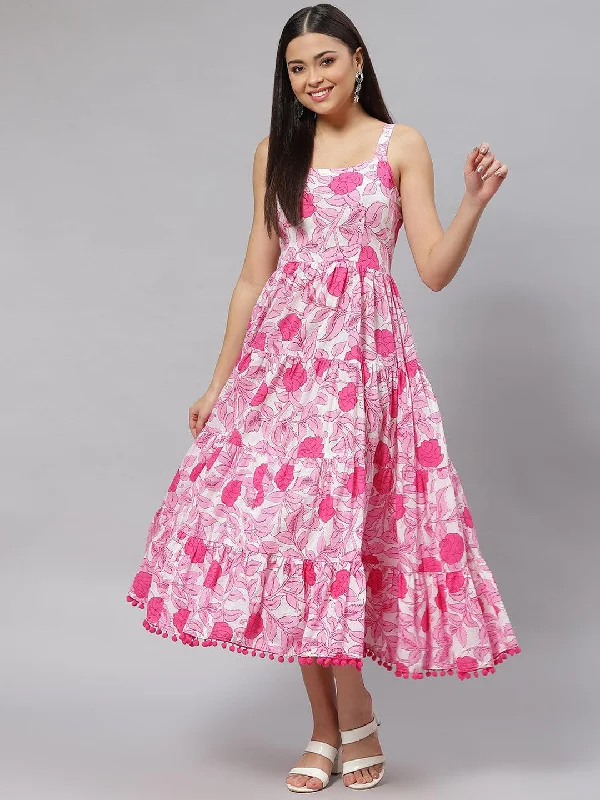 Women's white & Pink Floral Shoulder Strip Long Dress - Taantav Tunics Running lightweight