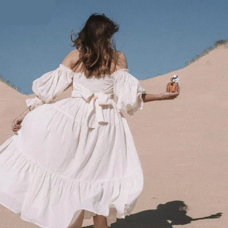 Summer long dress women puff sleeve white party dresses elegant ruffle vestidos streetwear korean fashion slash neck dress Tunics Essential wardrobe Summer long dress women puff sleeve white party dresses elegant ruffle vestidos streetwear korean fashion slash neck dress Tunics Essential wardrobe