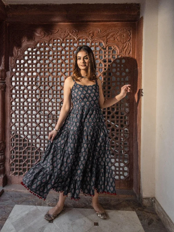 Women's Navy Blue Buti Printed Shoulder Strip Long dress - Taantav Tunics Chic fashionable