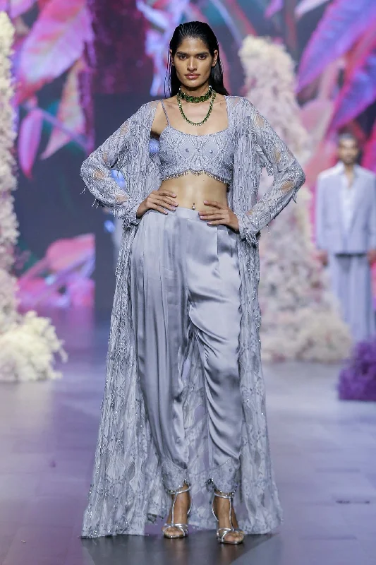 Glass gray embroidered shrug and pant set Relaxed Linen Pants