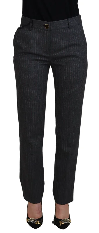 Dolce & Gabbana Elegant Gray Striped Tapered Pants Chic Faux Leather Pants