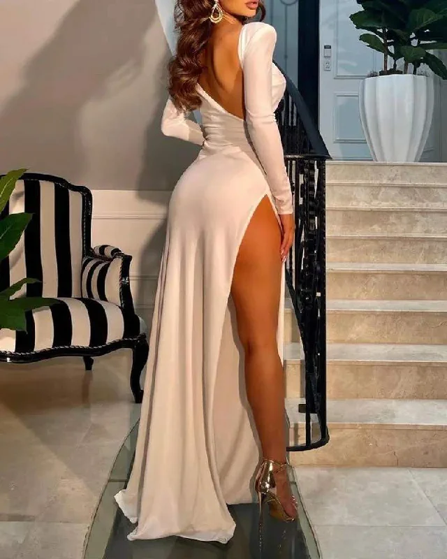 SOLID OPEN BACK SPLIT THIGH PARTY DRESS Tunics Business professional