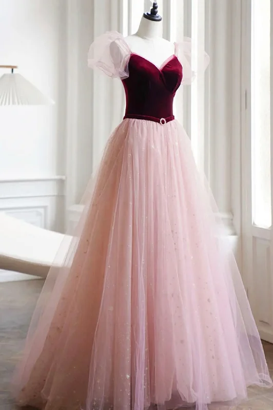 Burgundy Velvet and Pink Tulle Long A-Line Prom Dress, Lovely Party Dress Boatneck Modish Everyday Burgundy Velvet and Pink Tulle Long A-Line Prom Dress, Lovely Party Dress Boatneck Modish Everyday