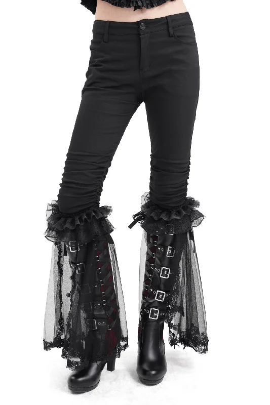 Gothic Ruched Pants with Tulle and Lace Flare Hem Comfortable Denim Pants