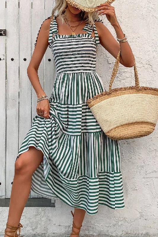 GREEN AND WHITE STRIPED TIE-STRAP DRESS Bodycon Club Sequined