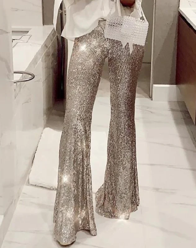 Sequins High Waist Bell Bottomed Pants Chic Black Leggings