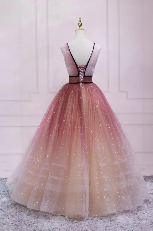 Cute Ombre Tulle V-Neck Long Party Dress, A-line Prom Dress Off-the-shoulder Chic Trendy Cute Ombre Tulle V-Neck Long Party Dress, A-line Prom Dress Off-the-shoulder Chic Trendy