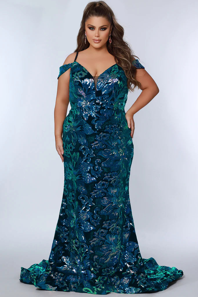 Johnathan Kane For Sydney's Closet JK2302 Slim Fitted Ombre Sequins On Velvet V-Neck Modified Basque Waistline Detachable Drape Sleeves Plus Size Prom Dress Tunics Evening elegant Johnathan Kane For Sydney's Closet JK2302 Slim Fitted Ombre Sequins On Velvet V-Neck Modified Basque Waistline Detachable Drape Sleeves Plus Size Prom Dress Tunics Evening elegant