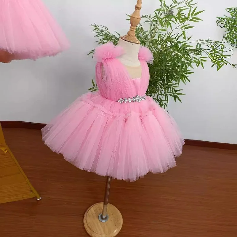 Sleeveless Round Neck Knee Length Princess Baby Girl Party Dress with Crystals Pleated Skirt Elegant Sleeveless Round Neck Knee Length Princess Baby Girl Party Dress with Crystals Pleated Skirt Elegant
