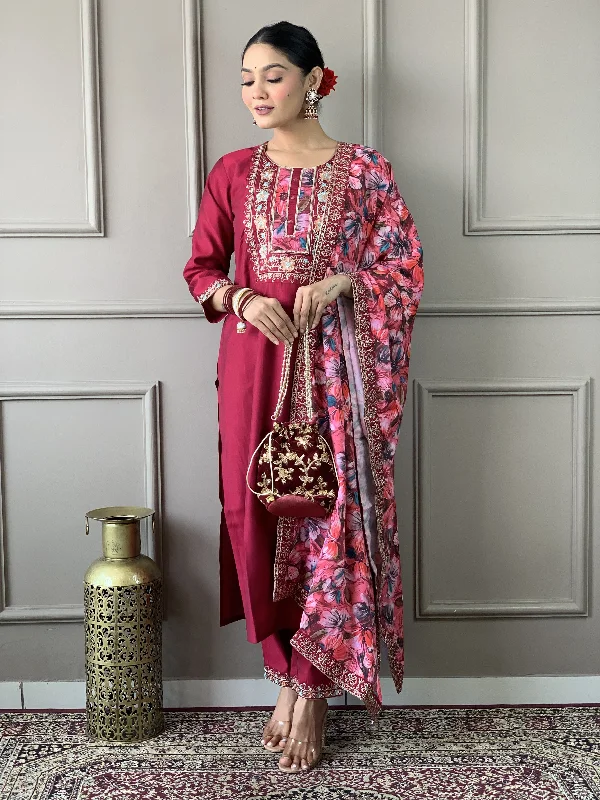 Featuring Beautiful Viscose Chanderi Suit Set Which Is Beautifully Decorated With Coding Embroidery Work. It Is Paired With Matching Dupatta And Pant Cozy Full-Length Pants Featuring Beautiful Viscose Chanderi Suit Set Which Is Beautifully Decorated With Coding Embroidery Work. It Is Paired With Matching Dupatta And Pant Cozy Full-Length Pants