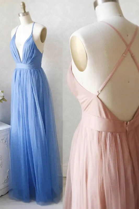 A-Line Tulle Long Prom Dresses, Simple V-Neck Party Dresses Turtleneck Warm Winter