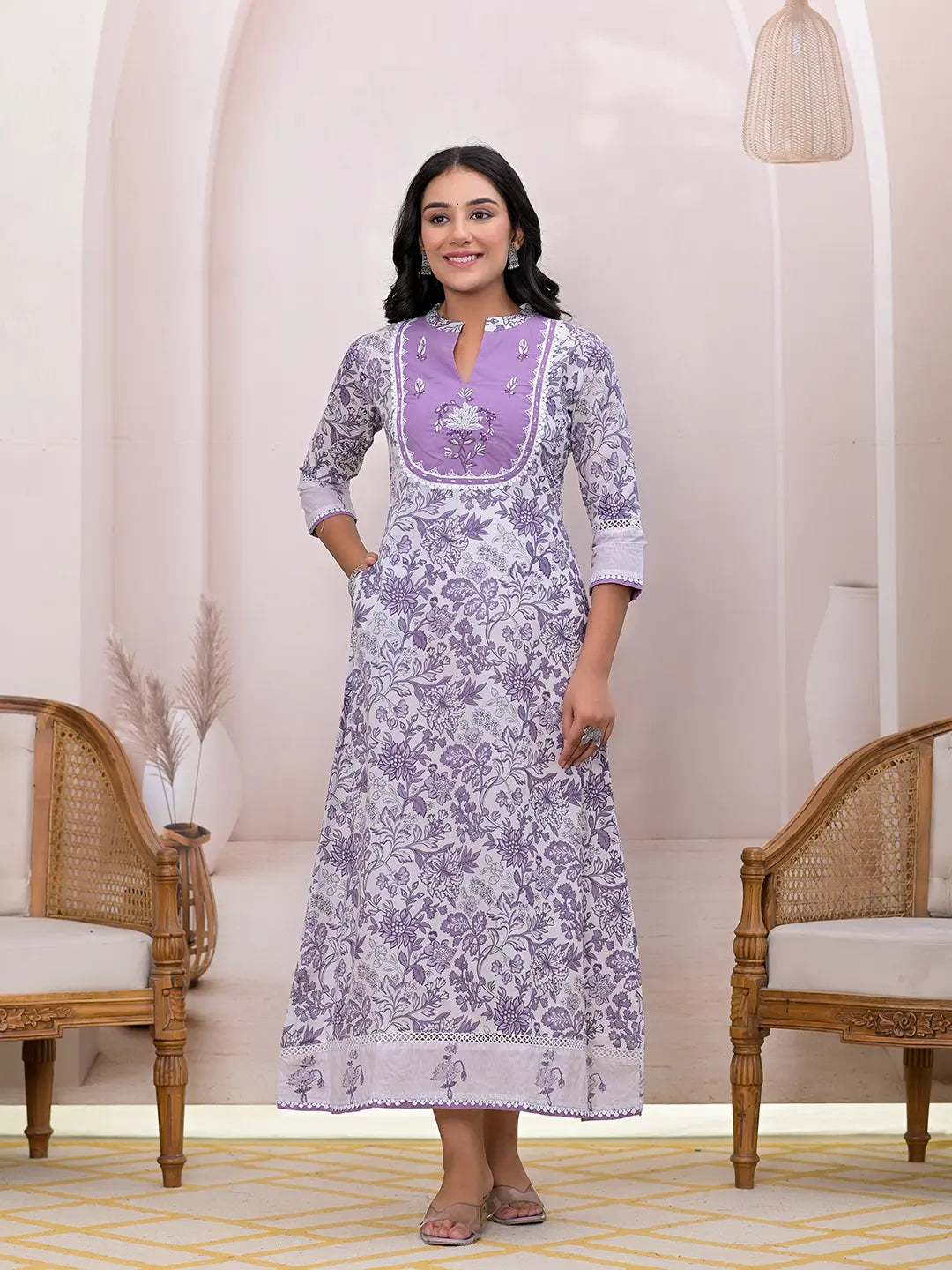 Purple Resham_Embroidery Cotton A-Liine Dress Tunics Sophisticated sleek