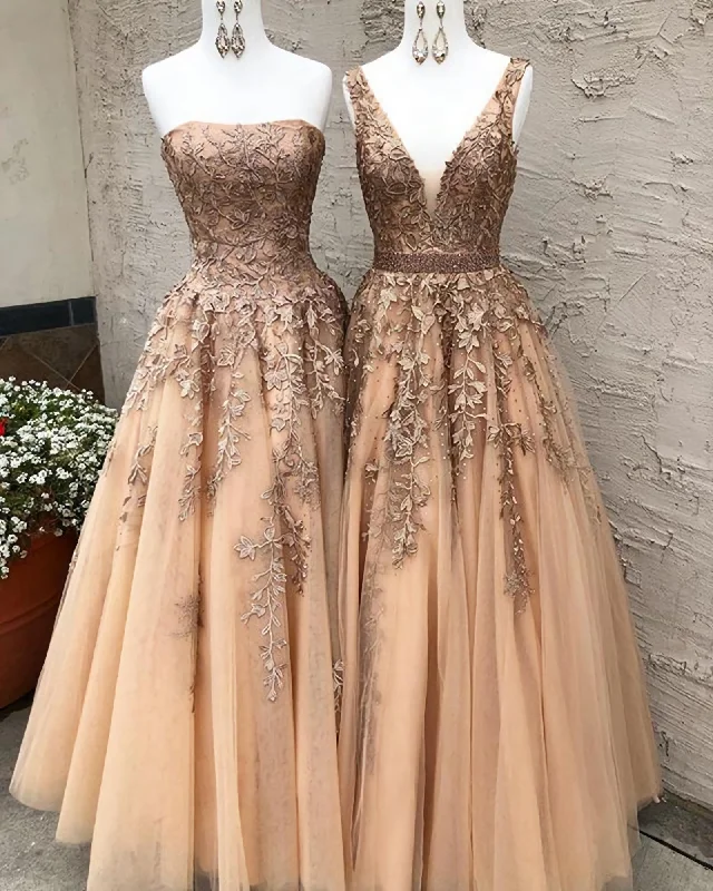 Long Champagne Prom Dress, Sexy V Neck Strapless A Line Appliques Formal Party Dresses Tunics Fashionable trendy Long Champagne Prom Dress, Sexy V Neck Strapless A Line Appliques Formal Party Dresses Tunics Fashionable trendy
