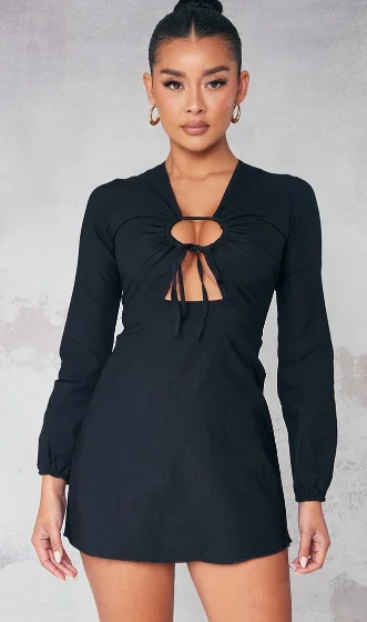 Black Stretch Woven Ruched Cut Out Shift Dress Tunics Modern contemporary