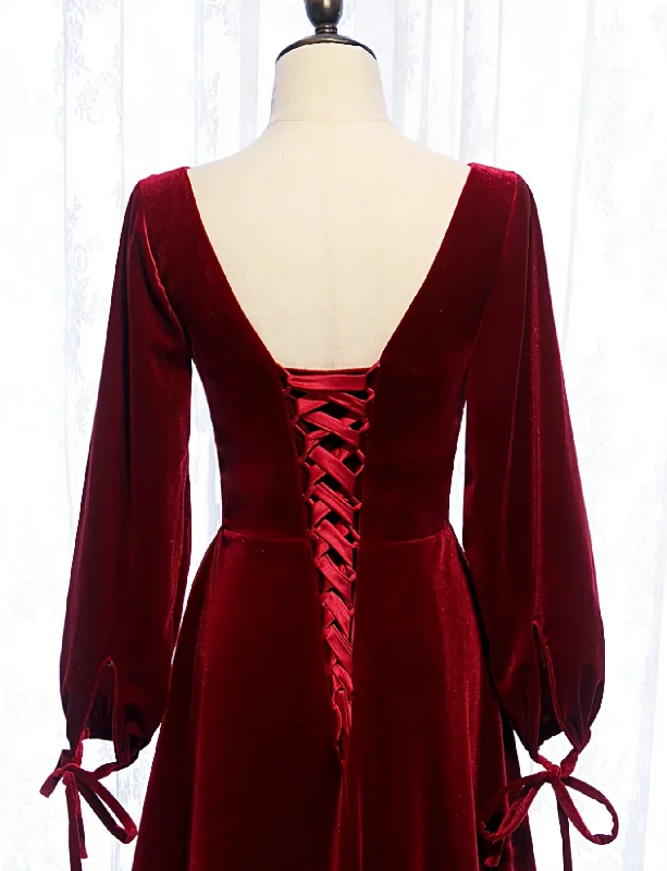 Charming Dark Red Velvet Long Sleeves A Line Party Dress, Party Prom Dress Tunics Chic elegant Charming Dark Red Velvet Long Sleeves A Line Party Dress, Party Prom Dress Tunics Chic elegant