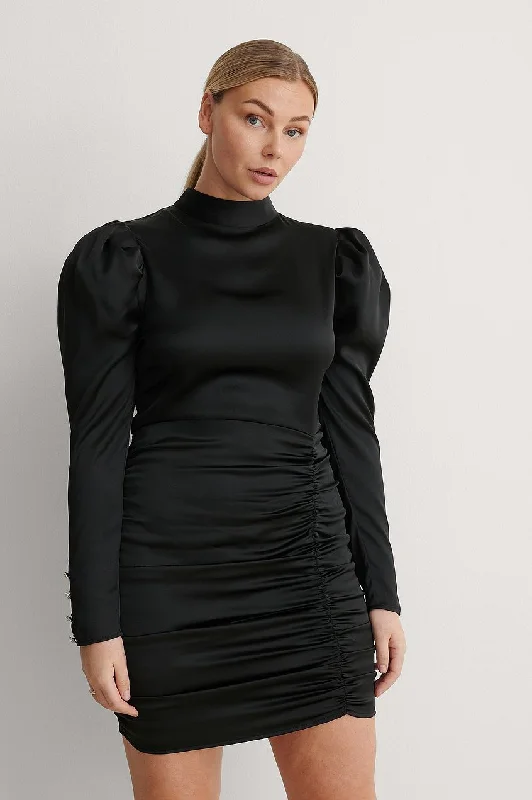 Draped Puffy Sleeve Dress Crew Neckline Casual