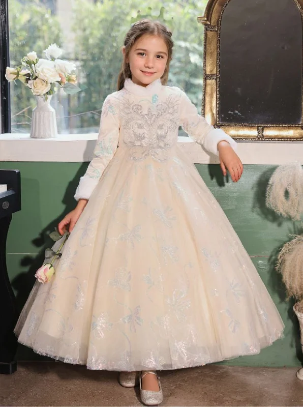 Long Sleeves Winter High Neck A-Line/Princess Embroidery Girl Party Dress Full Long Tunics Silk luxurious Long Sleeves Winter High Neck A-Line/Princess Embroidery Girl Party Dress Full Long Tunics Silk luxurious