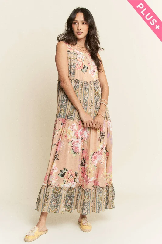 FLORAL BOHO STRIPE MIXED DRESS Crew Neckline Sporty