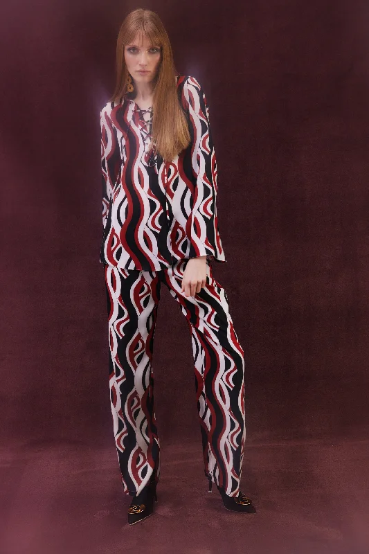 Amy Silk Pants | White & Black & Waves Modern Skinny Pants