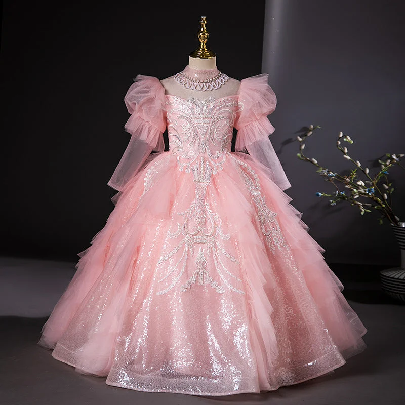 High Neck Long Sleeves Ball Gown Flower Girl Party Dresses with Rhinestone Appliques Tunics Fall fleece High Neck Long Sleeves Ball Gown Flower Girl Party Dresses with Rhinestone Appliques Tunics Fall fleece