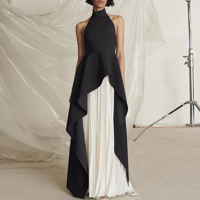 French Hanging Neck Evening Dress Pleated Elegant Luxury Black and White Contrast Color Prom Robe Long Wedding Party Dresses Tunics Trendy modern French Hanging Neck Evening Dress Pleated Elegant Luxury Black and White Contrast Color Prom Robe Long Wedding Party Dresses Tunics Trendy modern