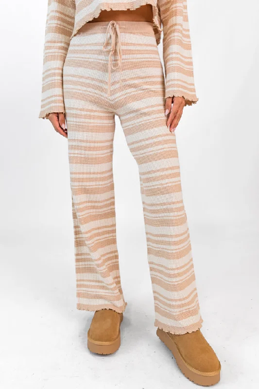 Take You There Taupe Striped Lettuce Hem Lounge Pants FINAL SALE High-Waist Jeans