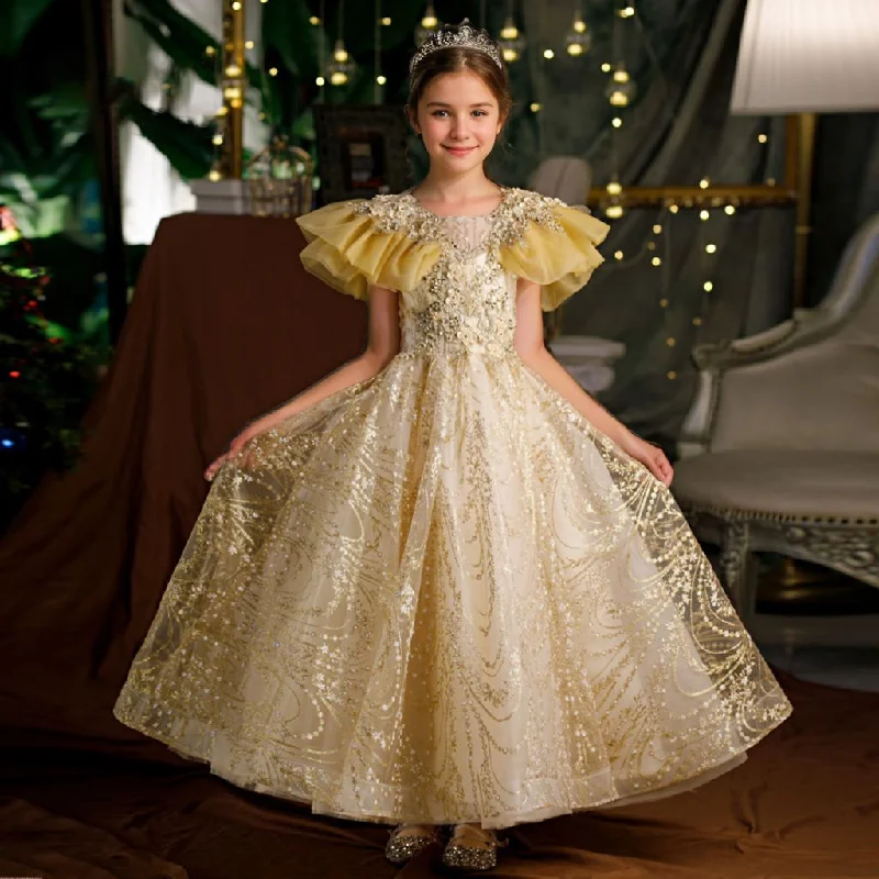 Ruffle Sleeves A-Line/Princess Floor Length Girl Party Dress with Rhinestones Appliques Tunics Handmade artisanal Ruffle Sleeves A-Line/Princess Floor Length Girl Party Dress with Rhinestones Appliques Tunics Handmade artisanal