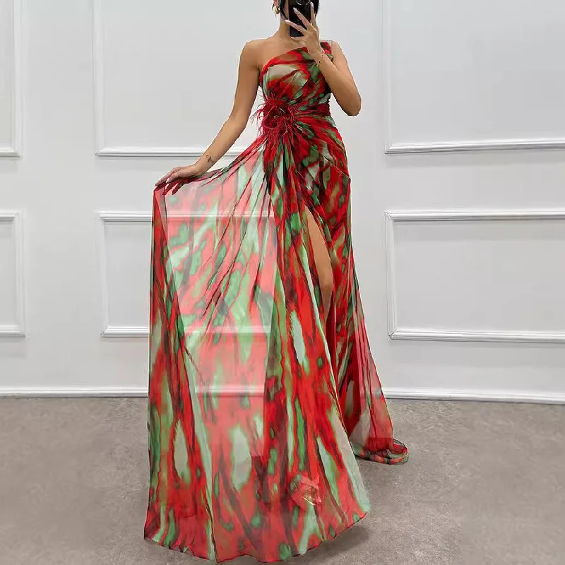 One Shoulder Chiffon Floral Print Wtih Split Long Dress Tunics Party sparkling