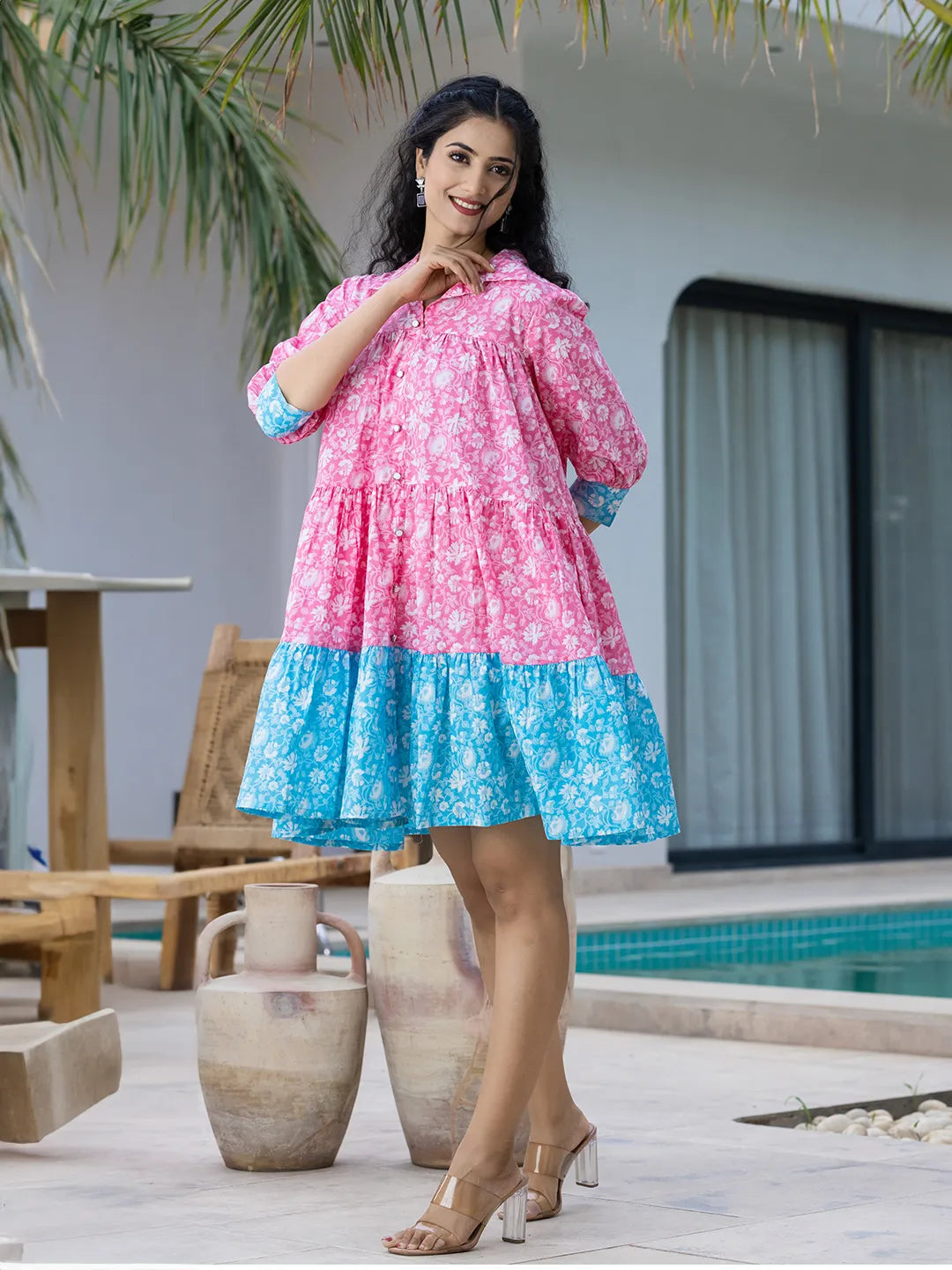 Pink & Sky Blue Pure Cotton Colour Blocking Dress Shift Classic Vintage
